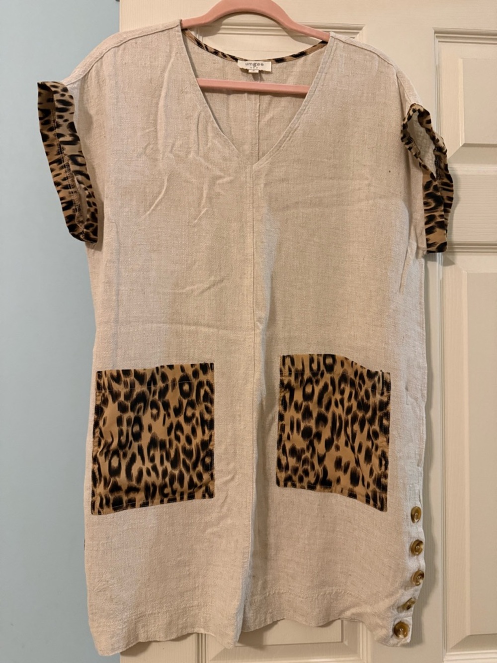 Umgee Cream Tunic/dress with Leopard Trim Neckline!